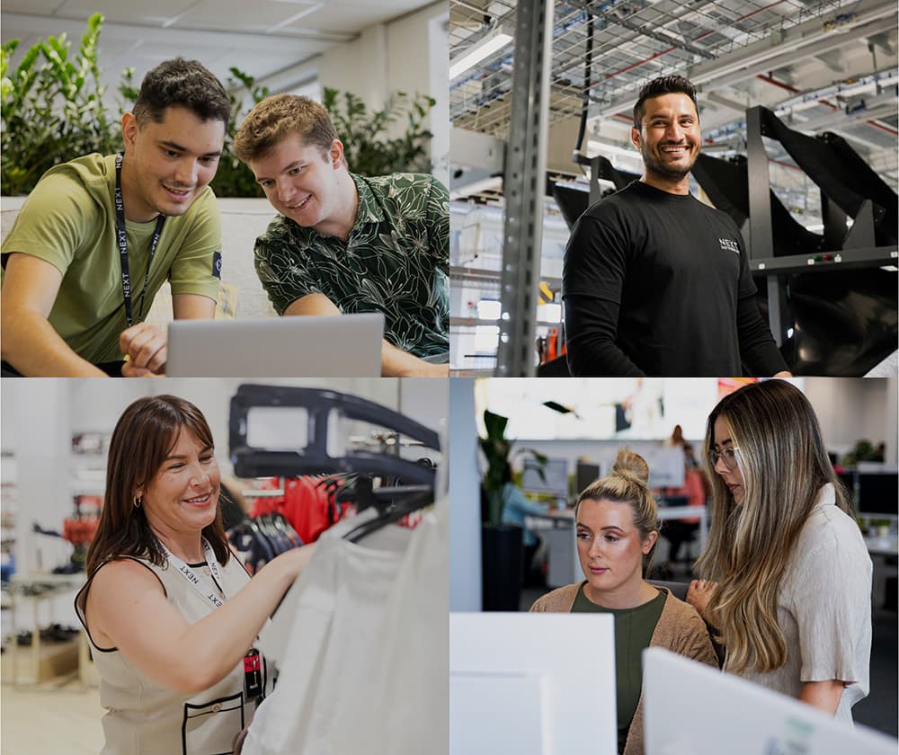 A four-pane collage showing diverse employees in various professional settings at a company called "NEXT."