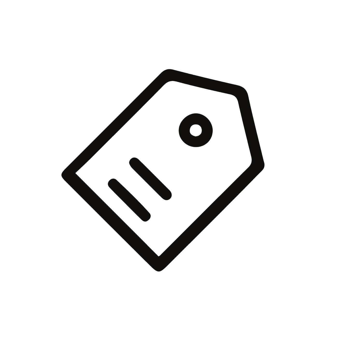 Outlined tag shape with a circular hole and two diagonal lines inside.