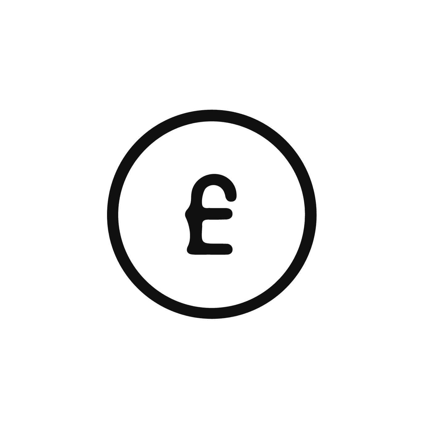 Outlined circle with a stylised pound currency symbol in the centre.