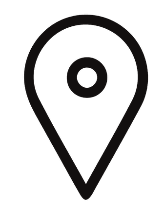 Black line icon of a location pin with a circular hole in the center.