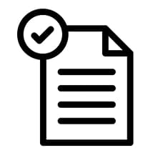 Outlined icon of a piece of a lined piece of paper with a tick symbol in the top left corner.