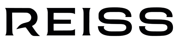 Reiss logo in sleek, black, modern uppercase lettering on a transparent background.