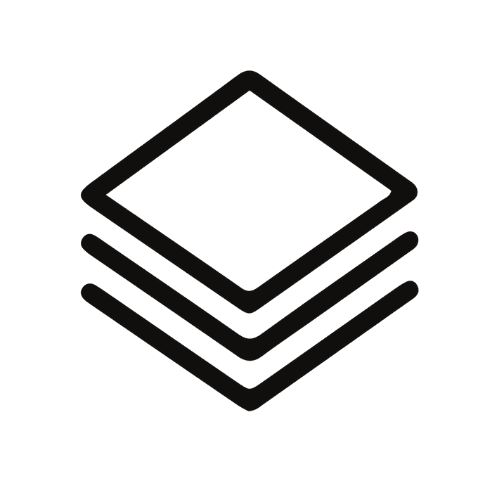 Black line icon of three rhombus shapes stacked on top of each other, creating a layered effect.
